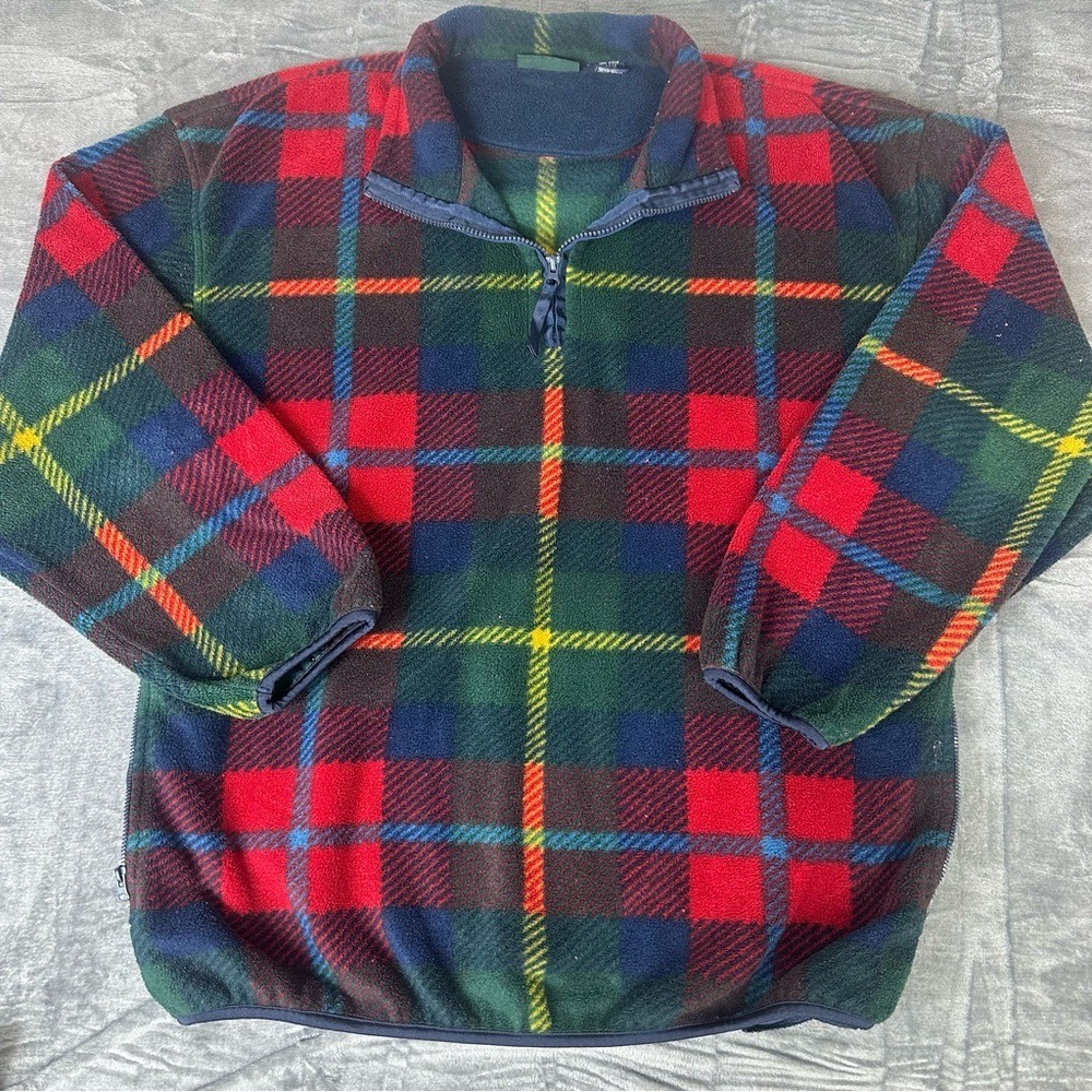 VTG 90s Trader‎ Bay Thick Fleece 1/4 Zip Pullover Wallace Tartan Plaid — FLAW
